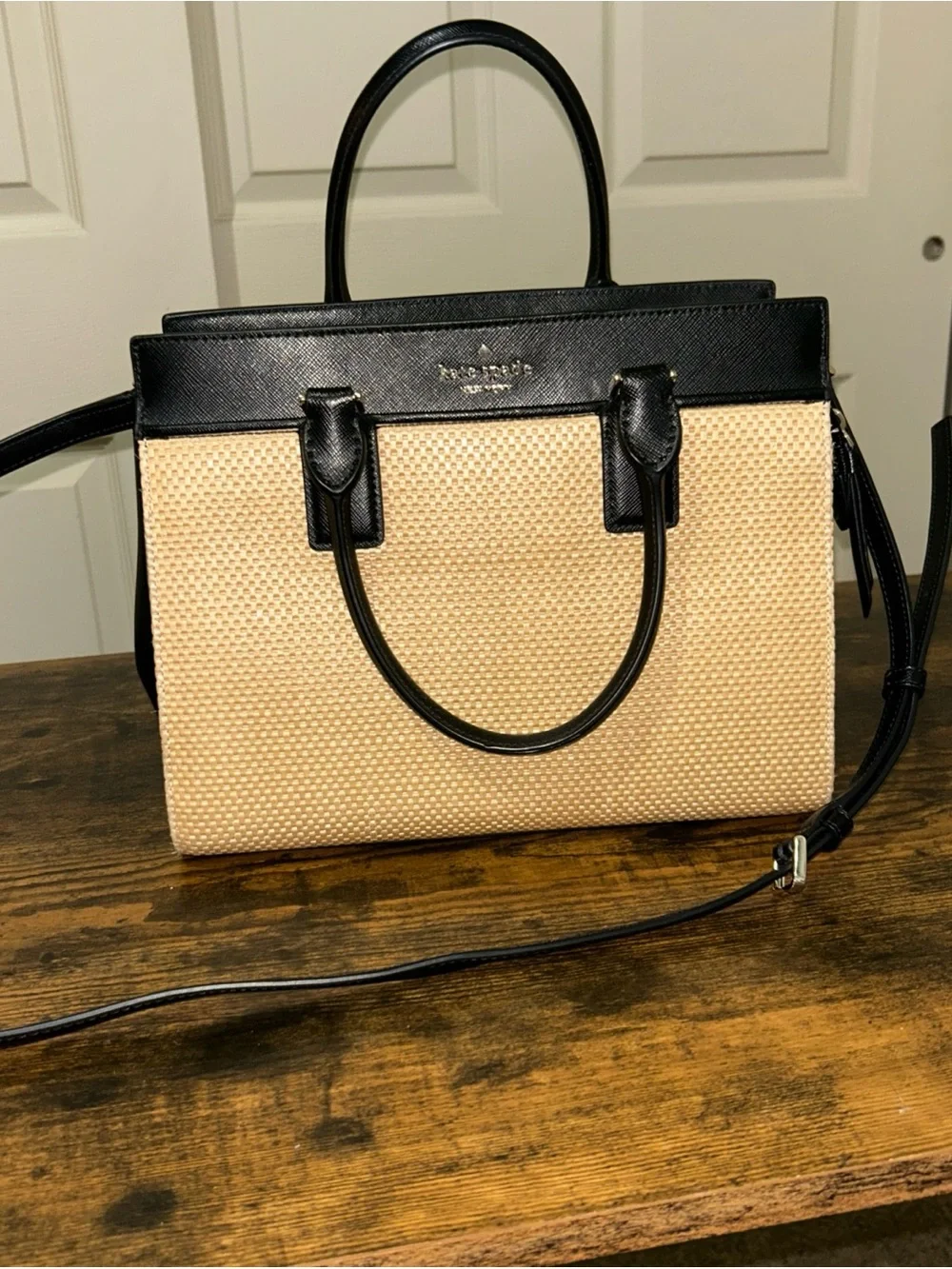 Kate Spade New York Cameron Street Candace Raffia and Black Leather Satchel